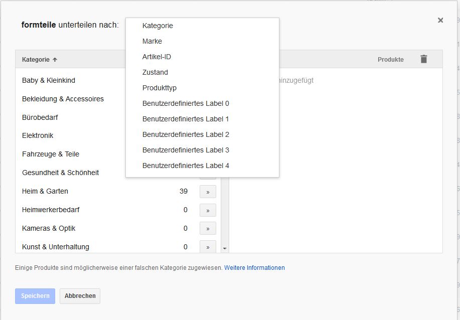 Shopping Feed Unterteilung