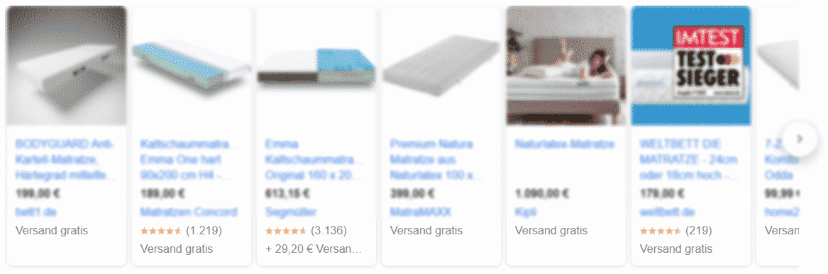 Produkte mit Bewertungen in der Google Shopping Product Box in der Google Suche