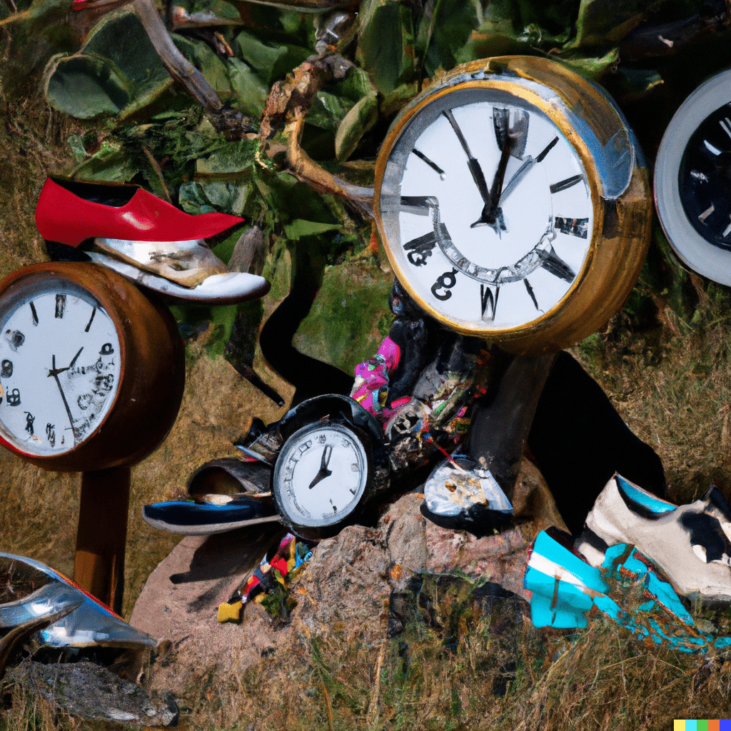 DALL·E 2023 06 13 18.45.02 dali uhren auf insel gruen bewachsener insel mit schuhen kleidung uhren und preisschildern Stündliche Updates für das Google Merchant Center