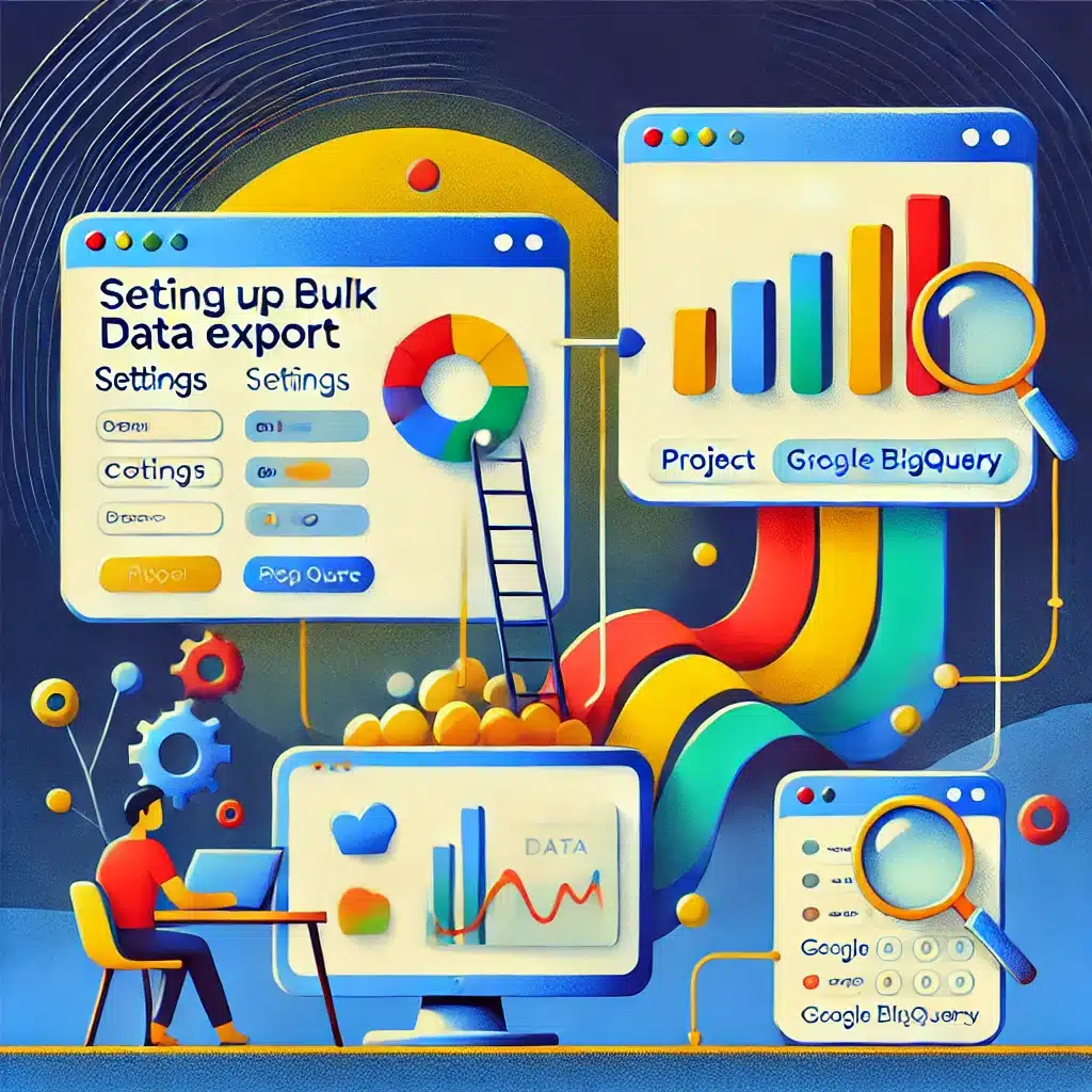 DALL·E 2025 01 29 10.49.11 A visually engaging illustration depicting the process of setting up Bulk Data Export in Google Search Console. The image includes a Google Search Con Google Search Console BigQuery Export einrichten