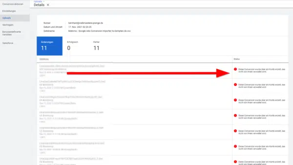 Kontrolle der einzelnen Importe innerhalb eines Uploads