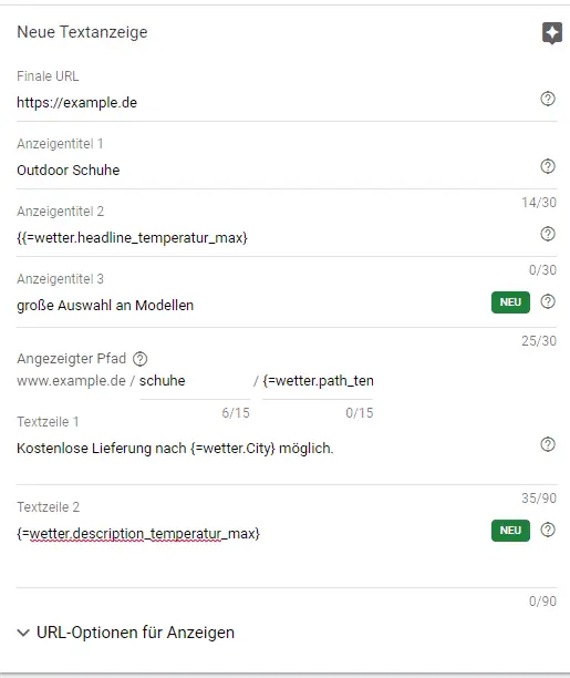 Google Ads Anzeige mit Anzeigenanpassungsdaten